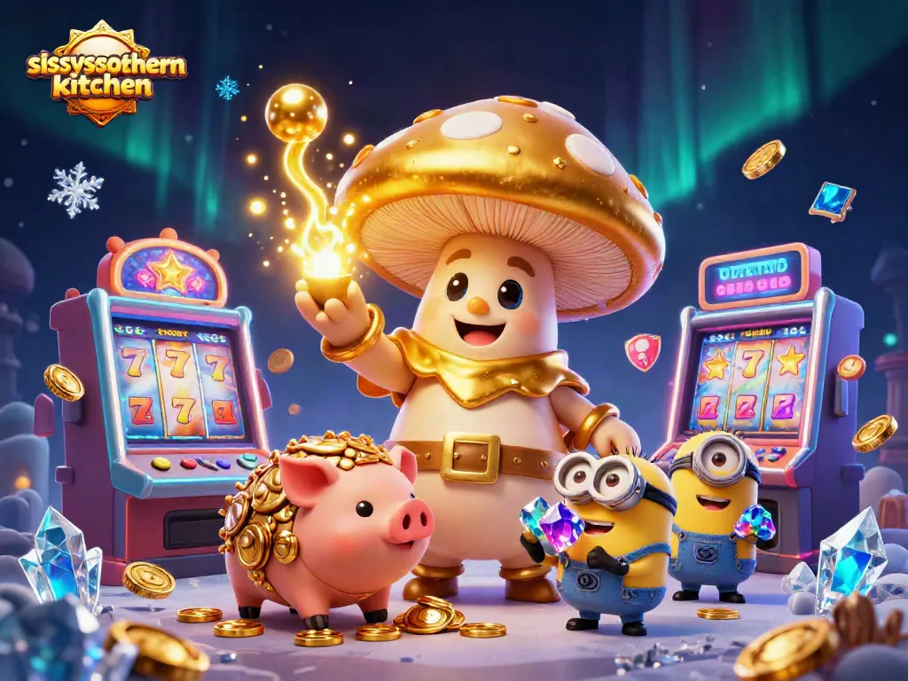 Sissy's Southern Kitchen casino scene with a golden mushroom wizard, treasure pig, and slot machines.
