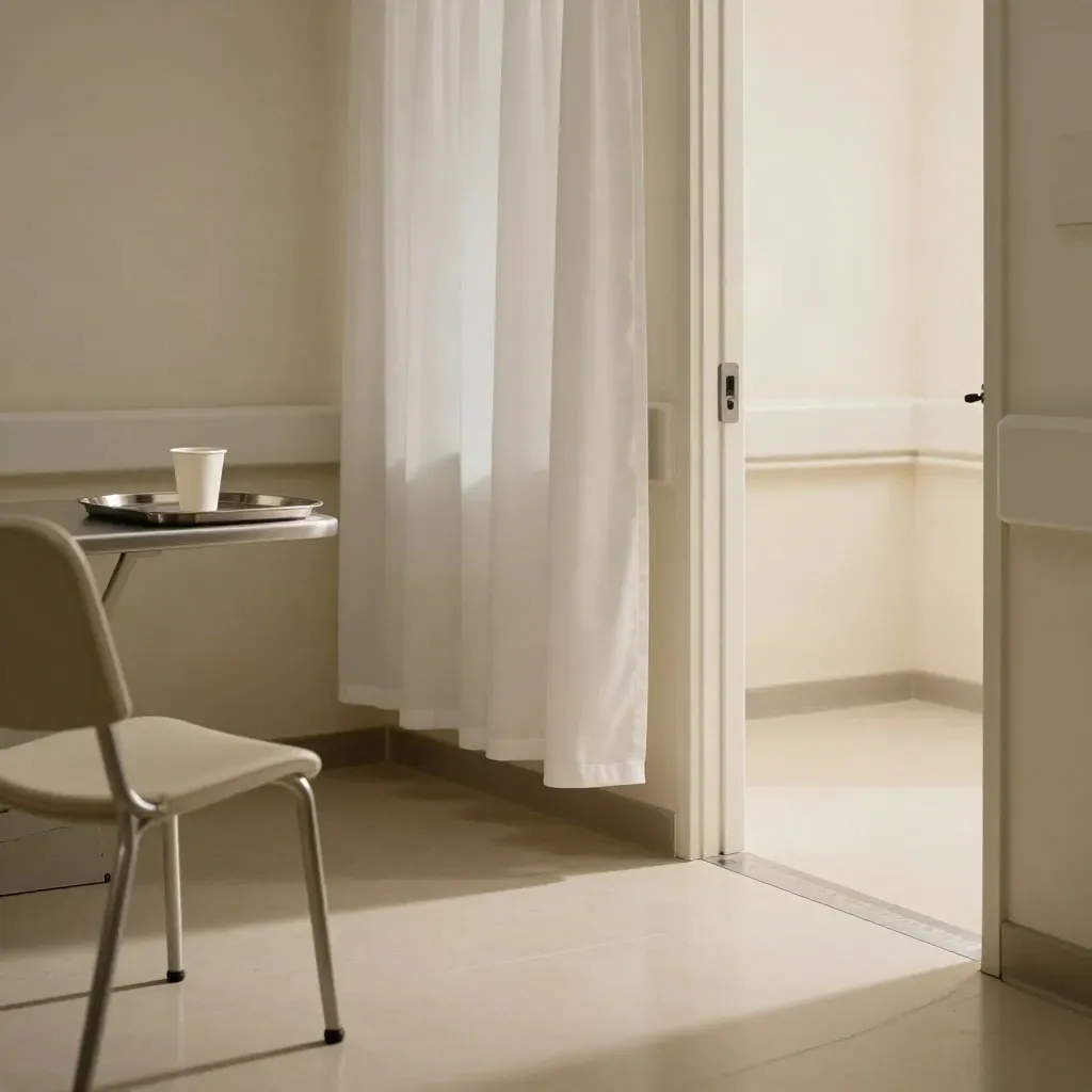 Zona de cribado con cortina blanca, bandeja de acero, taza sellada y silla vacía junto a puerta entornada.