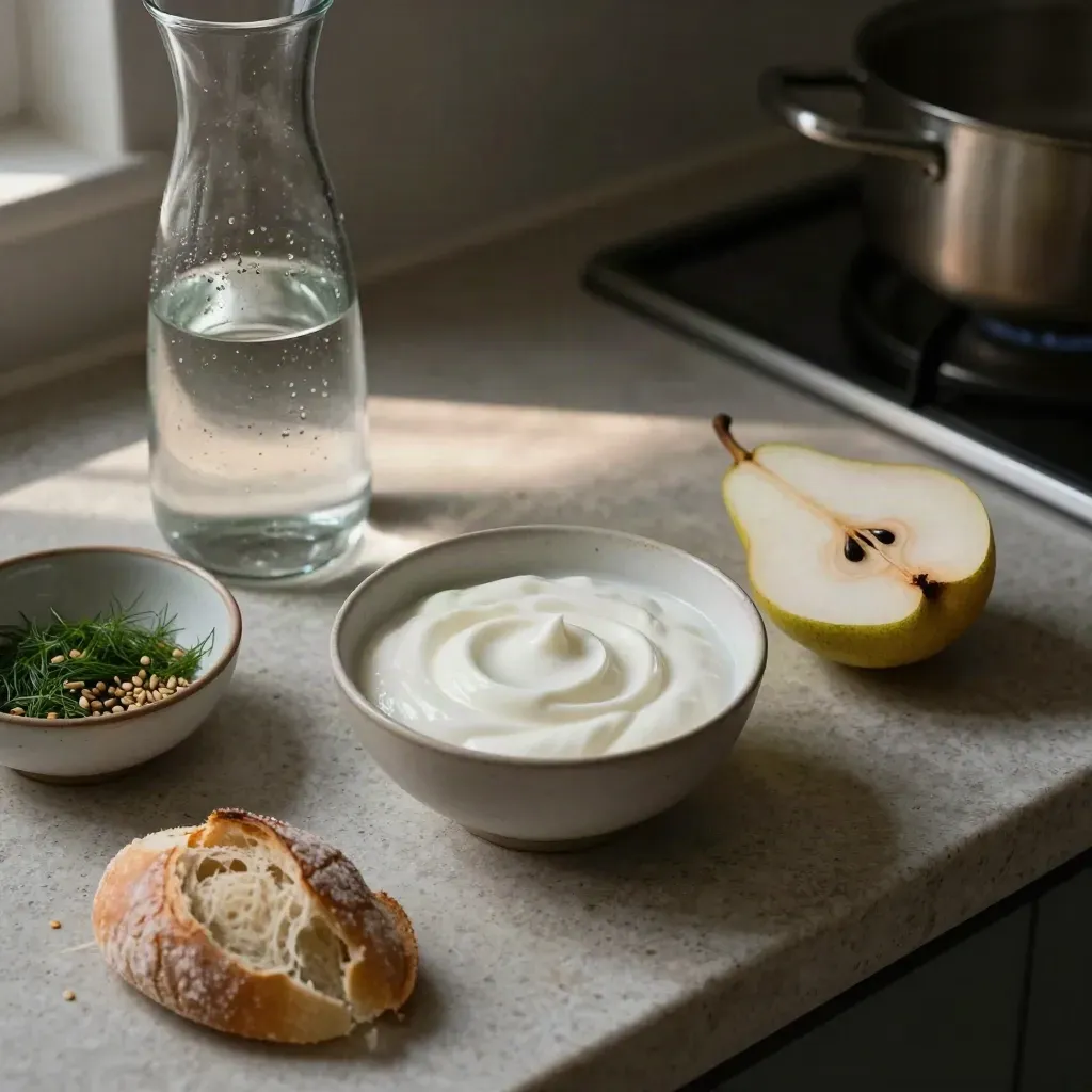 Mesa de cocina con jarra de agua, yogur, pera, pan e hinojo junto a una olla enfriándose.