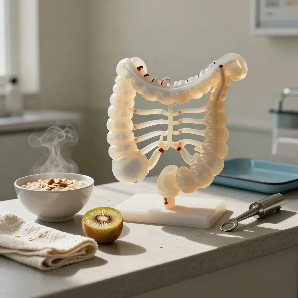 Maqueta de colon translúcida con cuencos de avena, kiwi y funda de endoscopia en luz matinal.