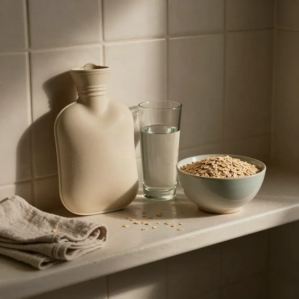 Repisa de baño con bolsa de agua caliente, vaso, avena y toalla de lino junto a azulejo crema.