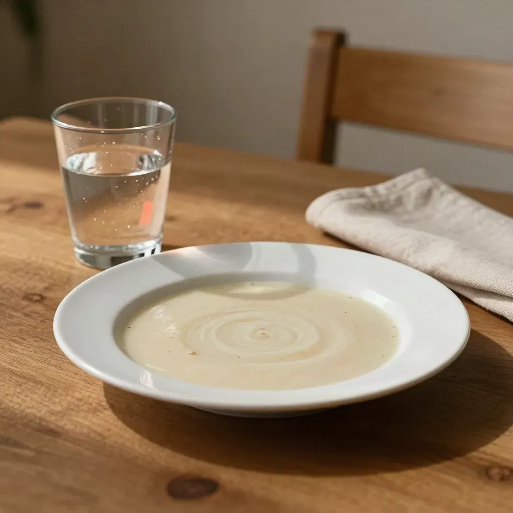 Plato con sopa simple, vaso con burbujas y servilleta en una mesa de comedor.