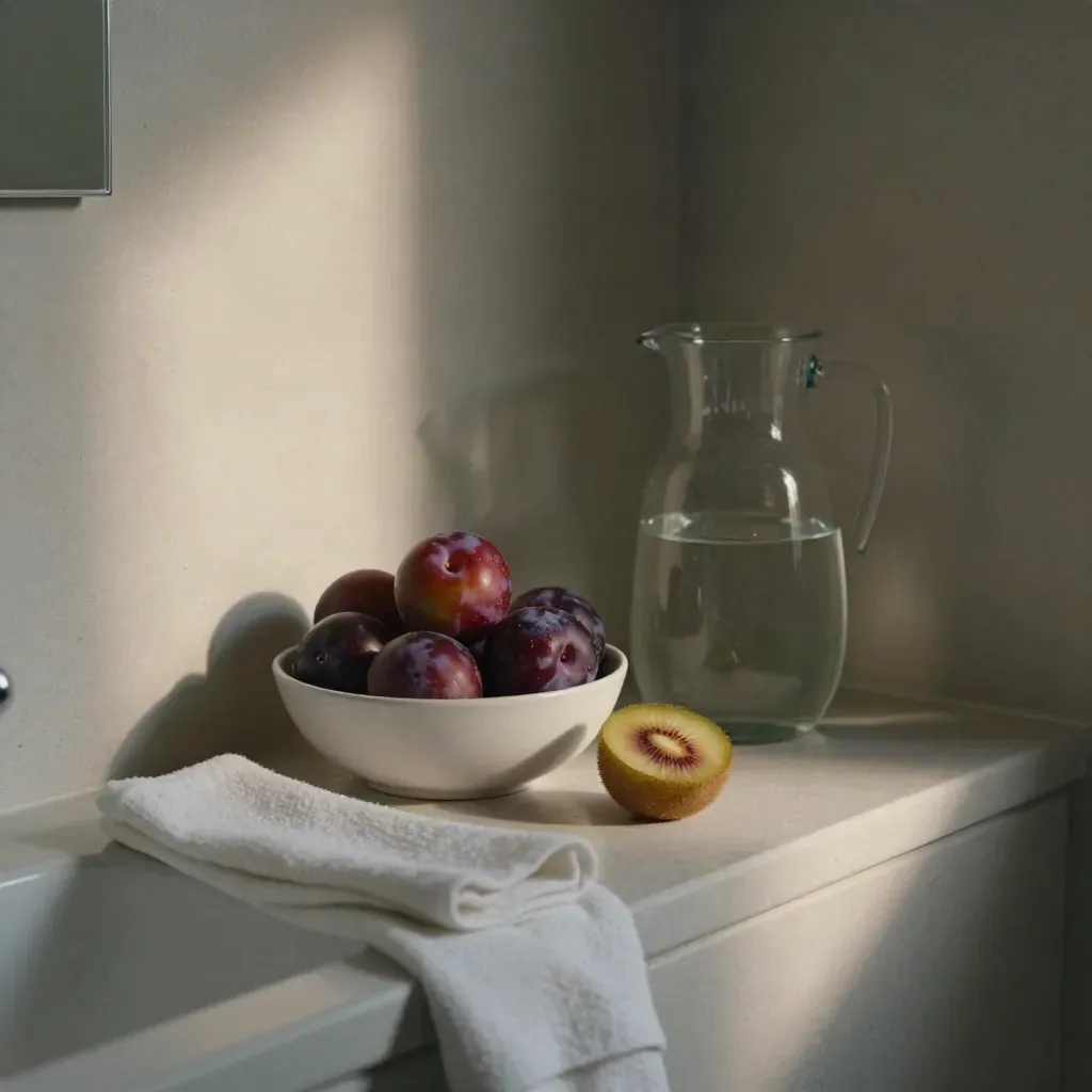 Baño silencioso al amanecer con ciruelas, kiwi abierto y jarra de agua junto a muro de microcemento.