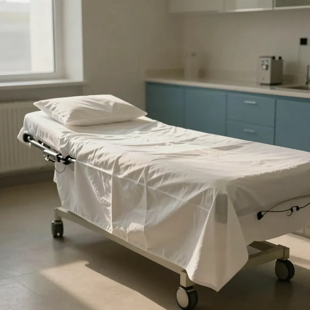 Cama de endoscopia preparada en una sala clínica serena, luz natural suave y tonos blancos y azul petróleo.