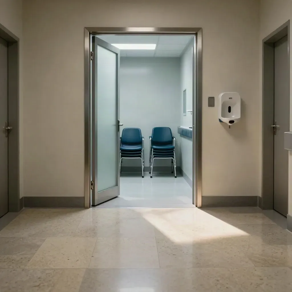 Pasillo clínico hacia sala de cribado con puerta abierta y sillas apiladas.