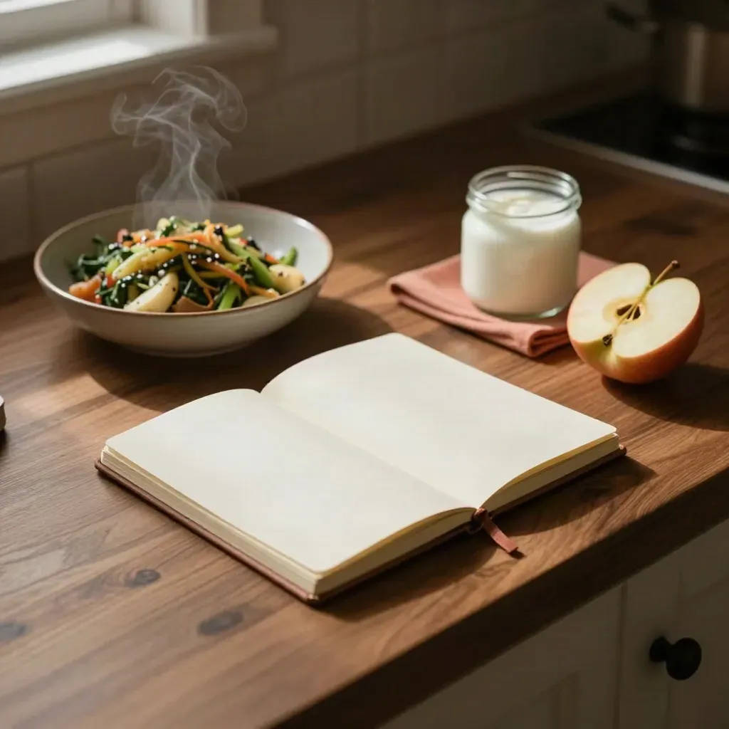 Encimera de cocina con cuaderno cerrado, yogur, verduras cocidas y una manzana partida