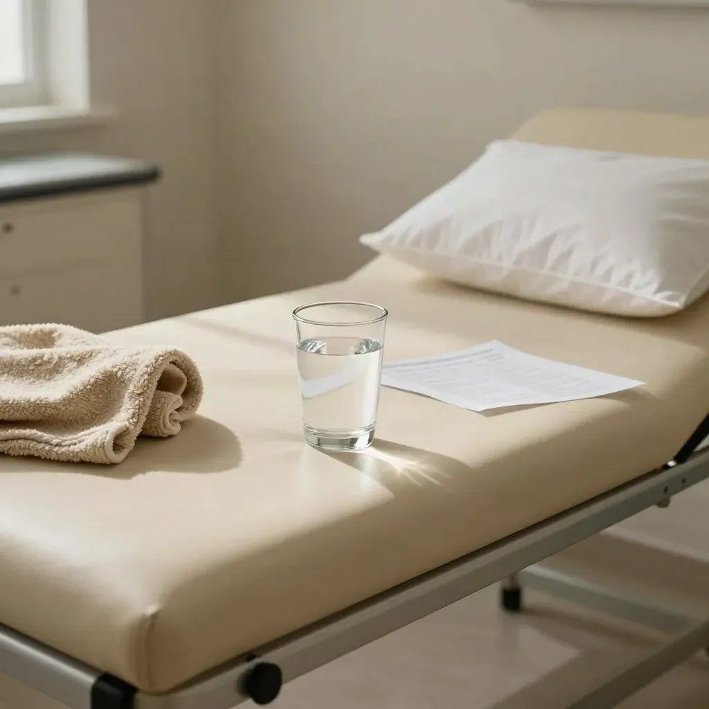 Sala de seguimiento postendoscopia con agua, manta doblada y camilla lista para revisión.