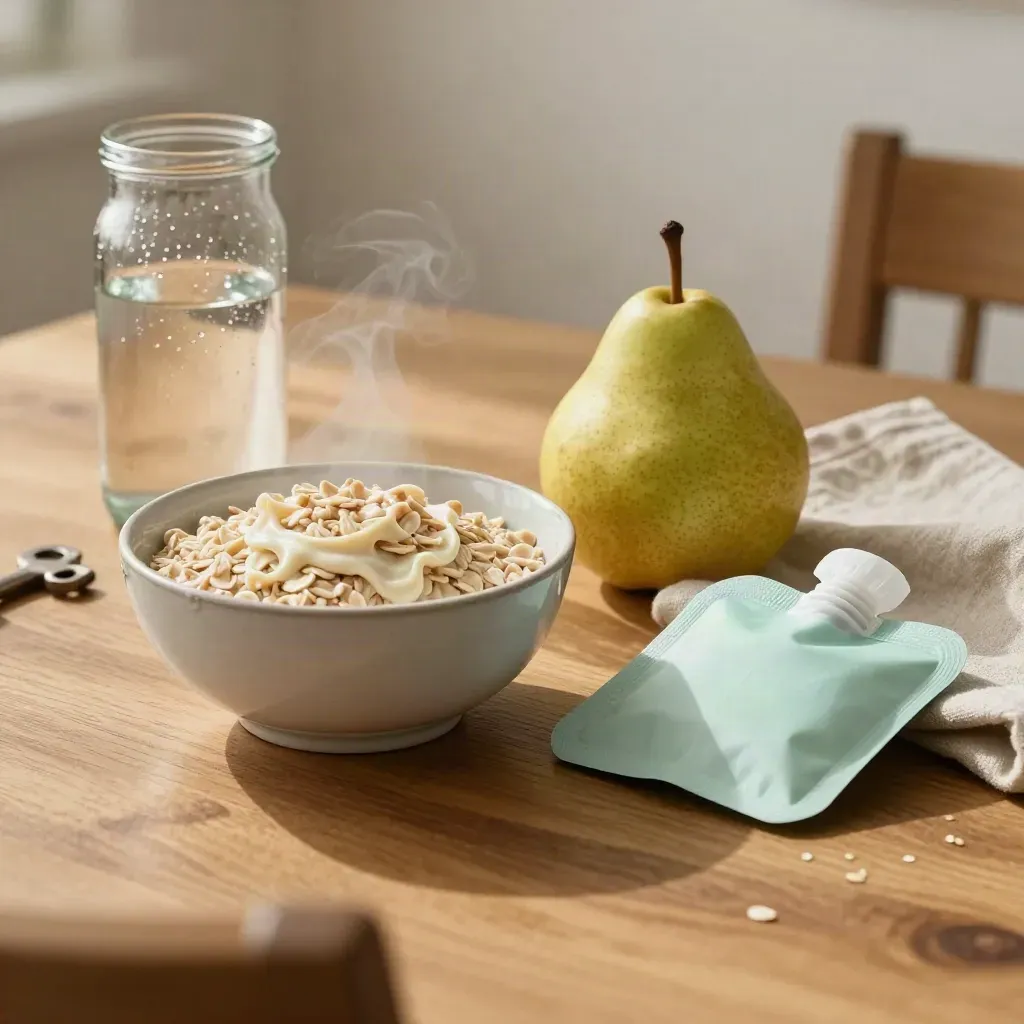 Mesa de comedor con avena, pera, jarra de agua y bolsa térmica en luz suave.