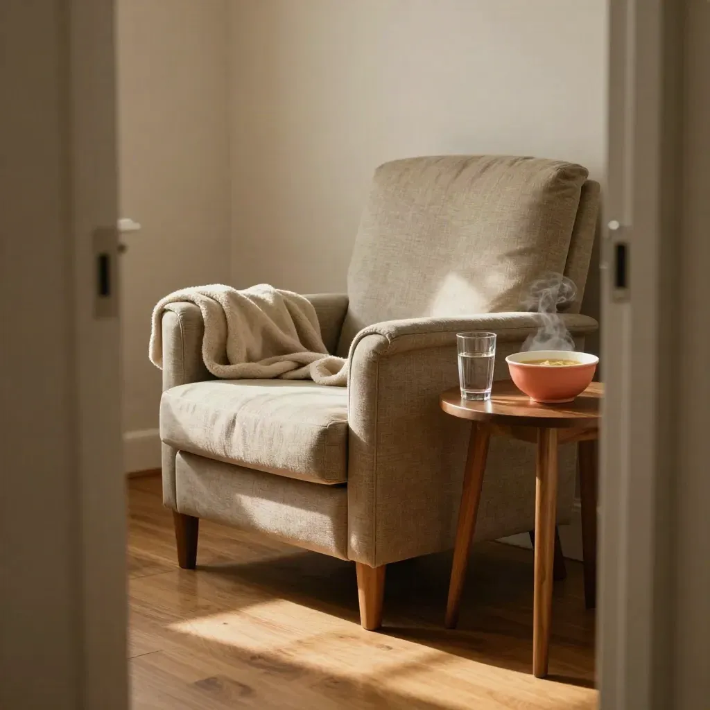 Sillón de consulta con manta, agua y sopa en una sala cálida y tranquila.