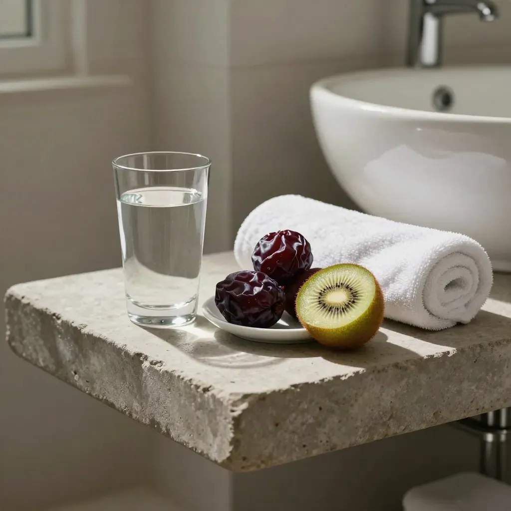 Baño de casa con vaso de agua, ciruelas, kiwi y toalla enrollada sobre repisa de piedra.