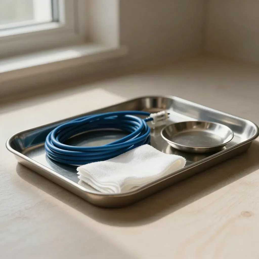Bandeja de acero con cable médico, gasa y paño blanco sobre madera clara, luz suave lateral.