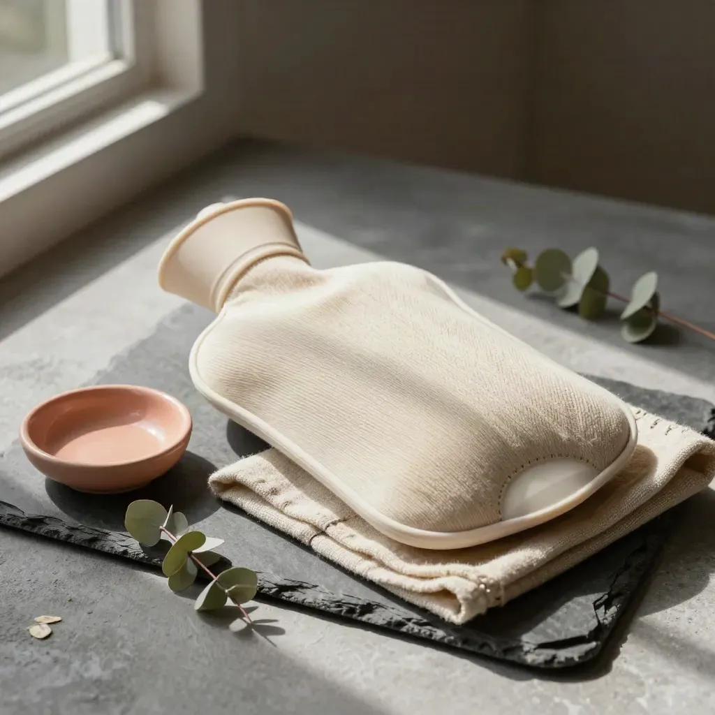 Bolsa de agua caliente forrada en punto crema con paño y cerámica sobre bandeja de piedra.