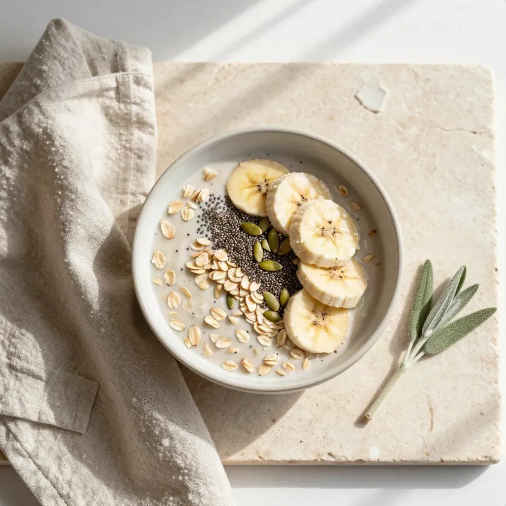 Cuenco de avena con plátano, semillas, servilleta de lino y ramita verde sobre piedra clara.