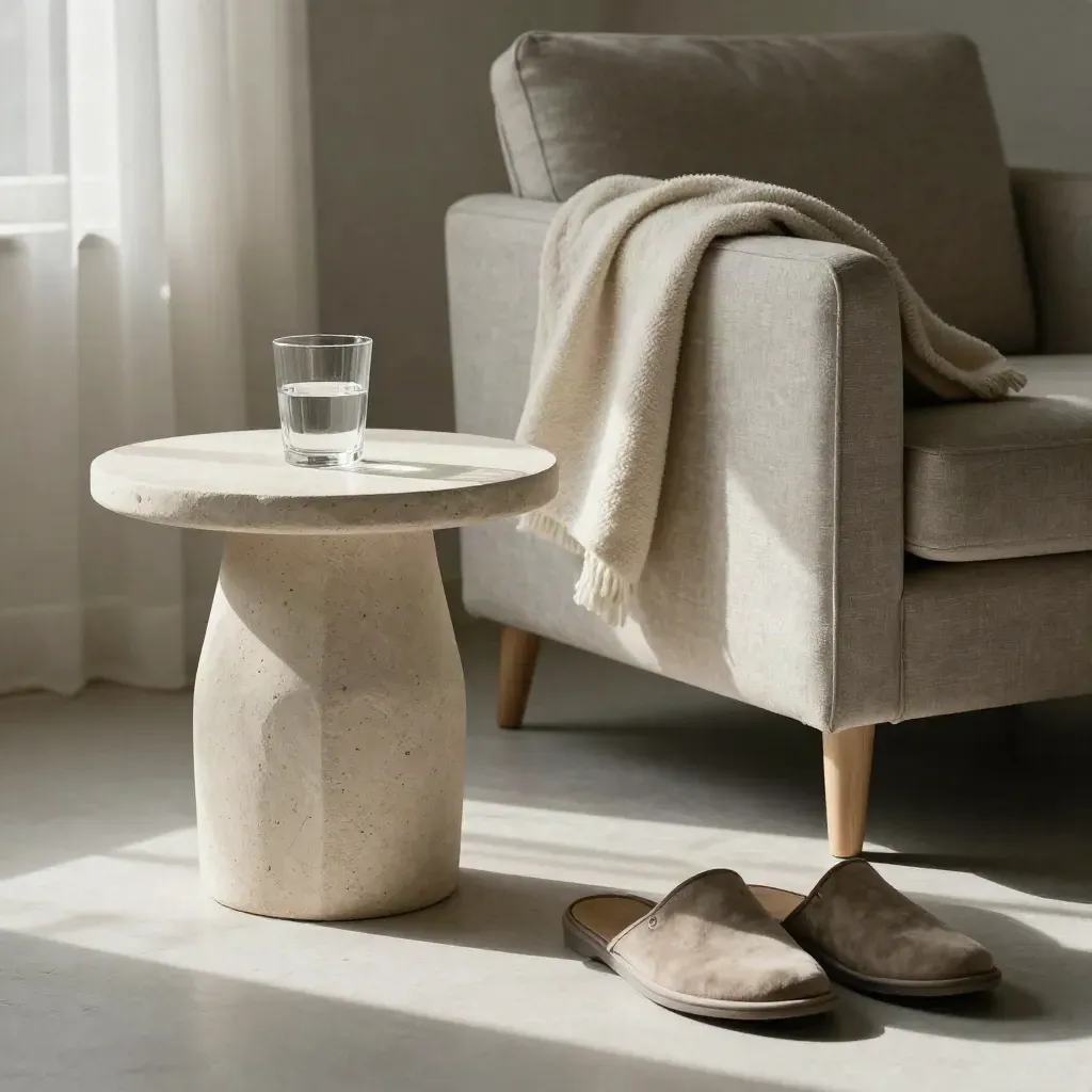 Mesa auxiliar junto a butaca, manta doblada, vaso de agua y zapatillas suaves en luz de tarde.