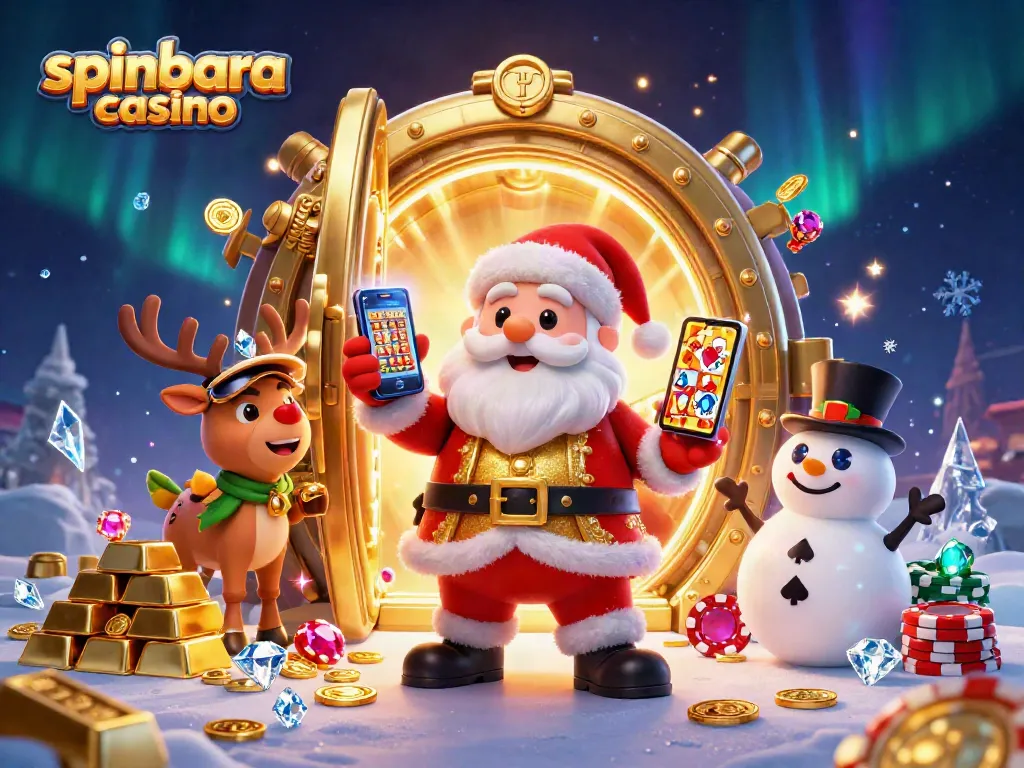 Join the fun at spinbara casino with Santa, his reindeer, and a snowman, all amidst casino treasures.